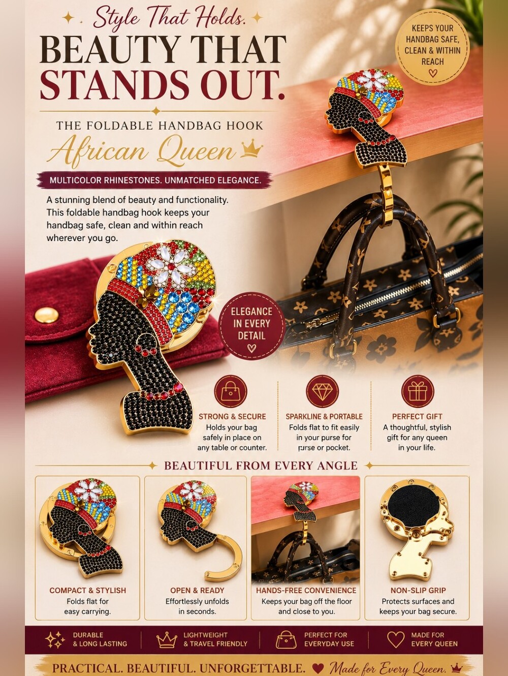 Foldable Handbag Hook African Queen Silhouette with Multicolor Rhinestones